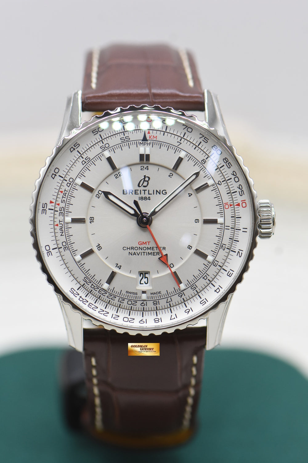 BREITLING NAVITIMER GMT 41mm STEEL IN LEATHER STRAP SILVER DIAL AUTOMATIC A32310 (LNIB-STICKERS INTACT)