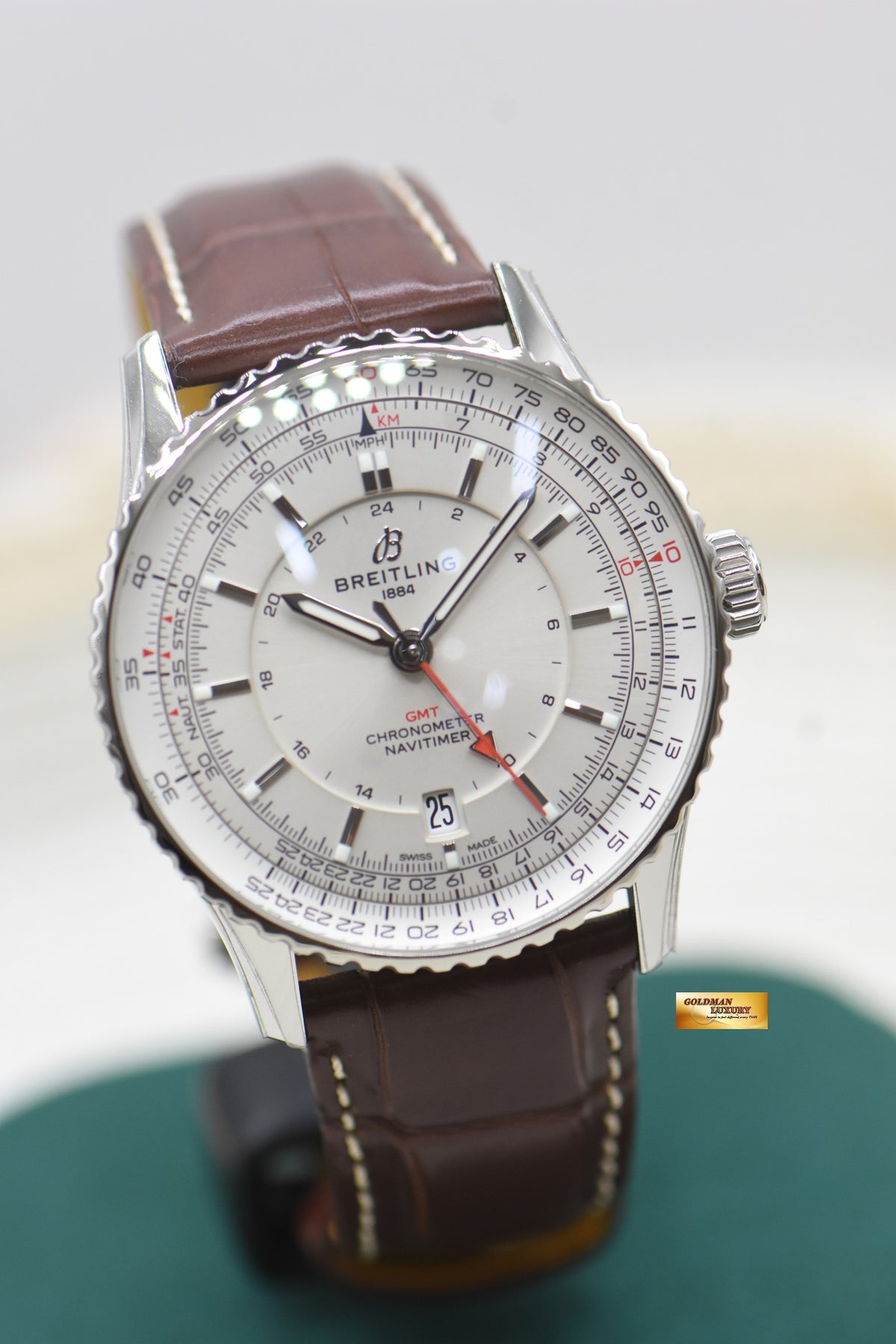 BREITLING NAVITIMER GMT 41mm STEEL IN LEATHER STRAP SILVER DIAL AUTOMATIC A32310 (LNIB-STICKERS INTACT)