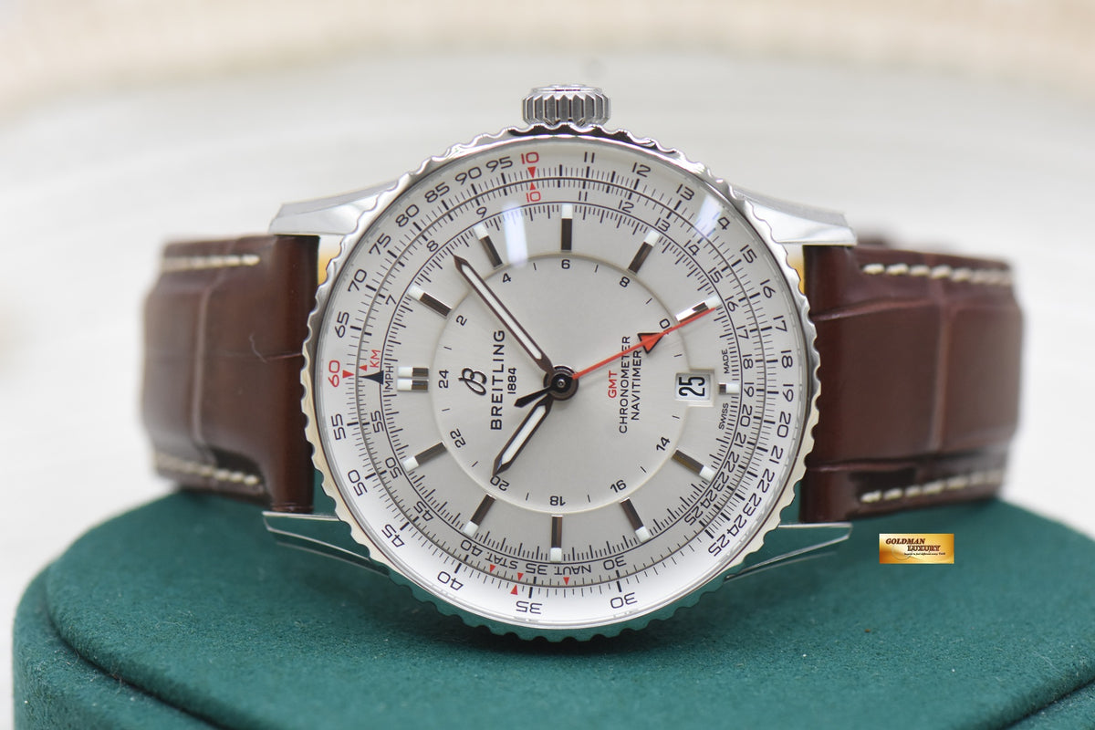 BREITLING NAVITIMER GMT 41mm STEEL IN LEATHER STRAP SILVER DIAL AUTOMATIC A32310 (LNIB-STICKERS INTACT)