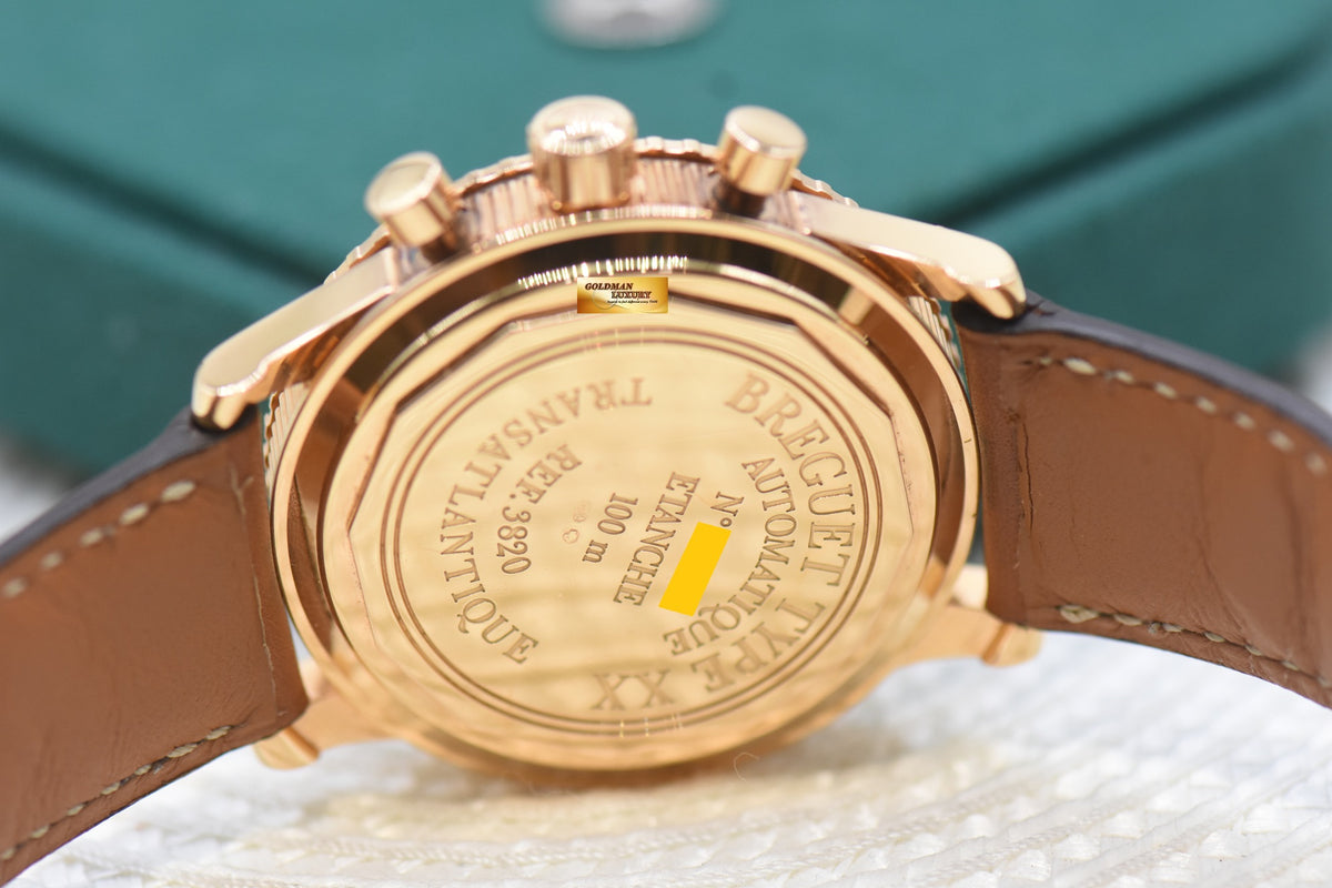 BREGUET TYPE XX TRANSATLANTIQUE CHRONOGRAPH 39.5mm ROSE GOLD IN LEATHER STRAP AUTOMATIC WHITE 3820BR/F2/3W6 (MINT)