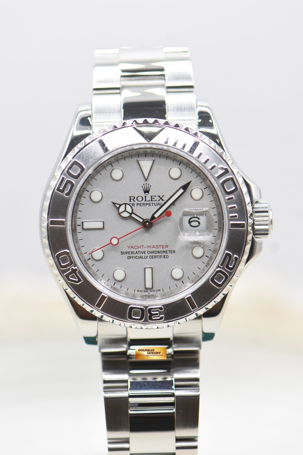 ROLEX OYSTER YACHTMASTER 40mm STEEL IN BRACELET PLATINUM DIAL & BEZEL 16622 (MINT) (REHAUT ENGRAVINGS)