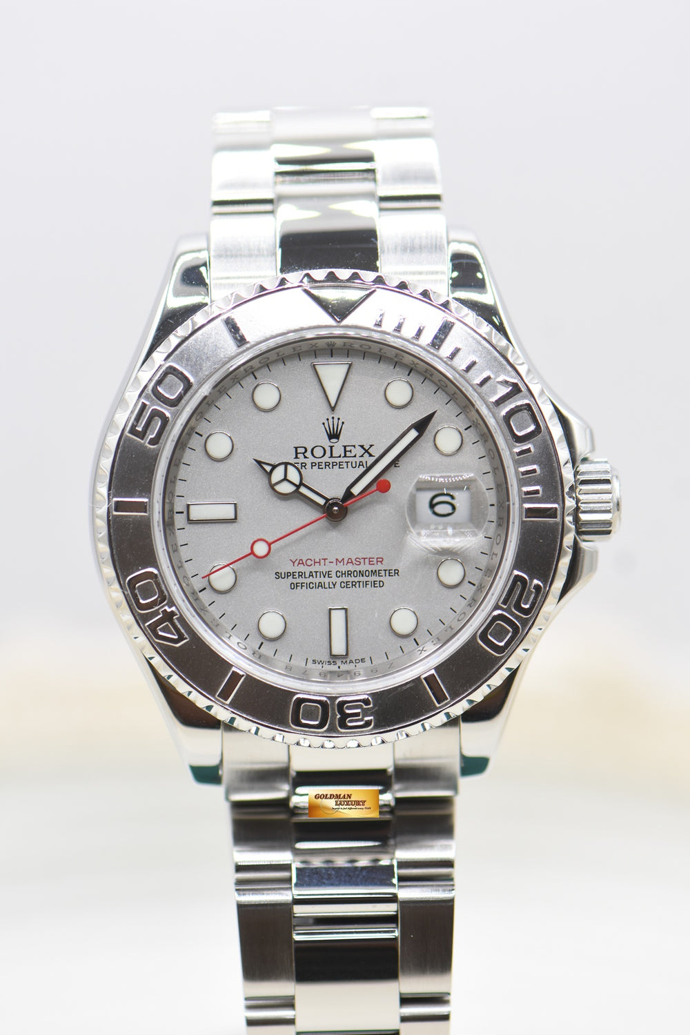 ROLEX OYSTER YACHTMASTER 40mm STEEL IN BRACELET PLATINUM DIAL & BEZEL 16622 (MINT) (REHAUT ENGRAVINGS)