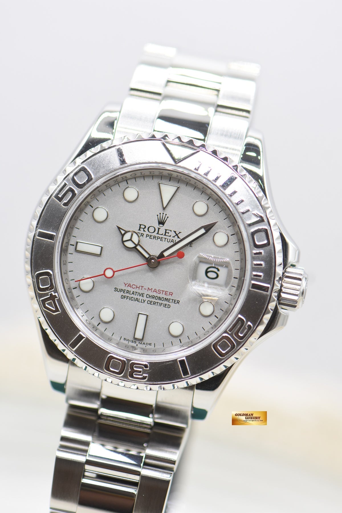 ROLEX OYSTER YACHTMASTER 40mm STEEL IN BRACELET PLATINUM DIAL & BEZEL 16622 (MINT) (REHAUT ENGRAVINGS)
