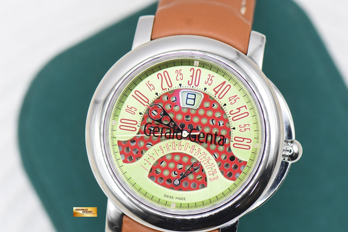 GERALD GENTA ARENA BI-RETRO 45mm STEEL IN LEATHER JUMPING HOUR DATE AUTOMATIC BSP.Y.10 (MINT)