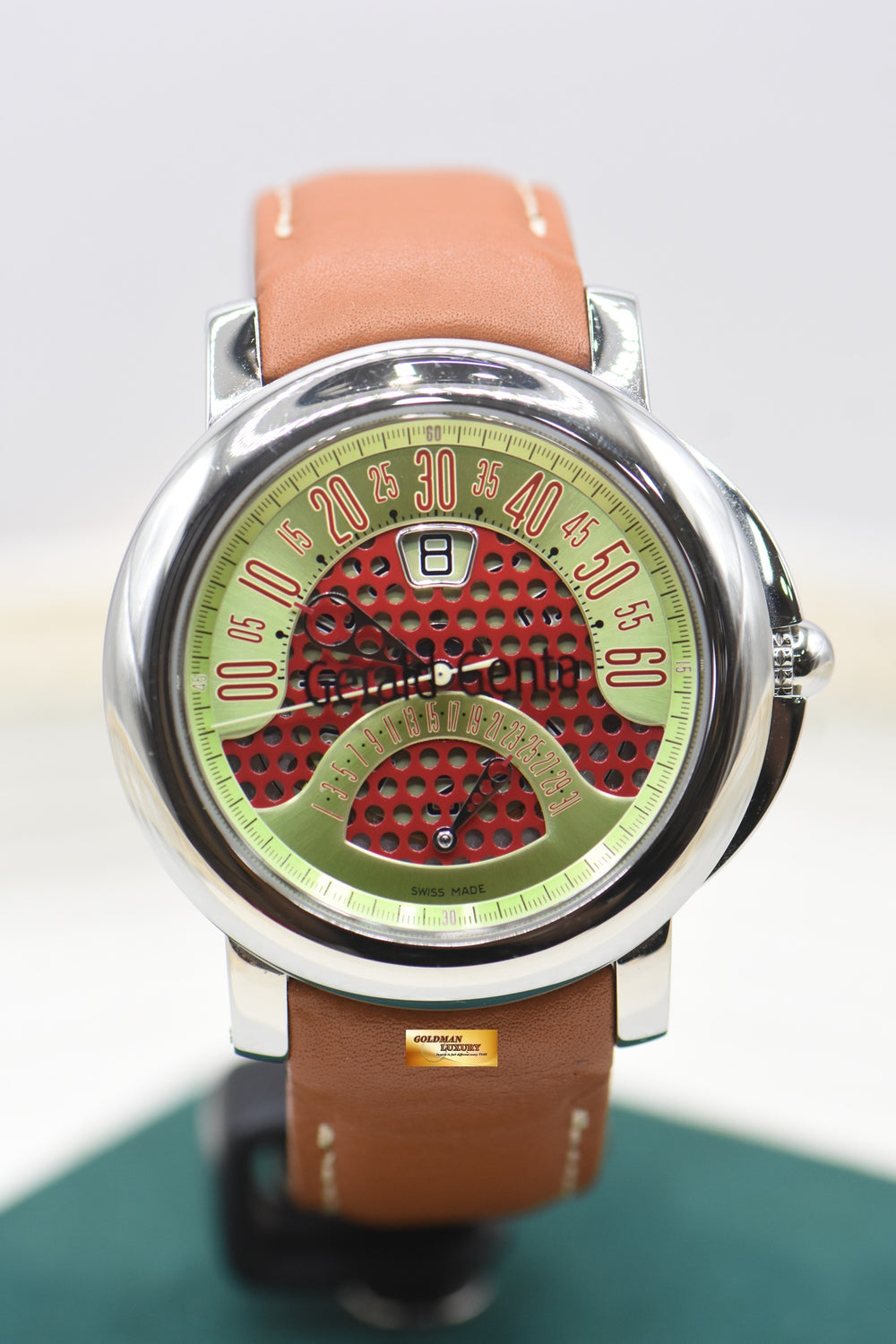 GERALD GENTA ARENA BI-RETRO 45mm STEEL IN LEATHER JUMPING HOUR DATE AUTOMATIC BSP.Y.10 (MINT)