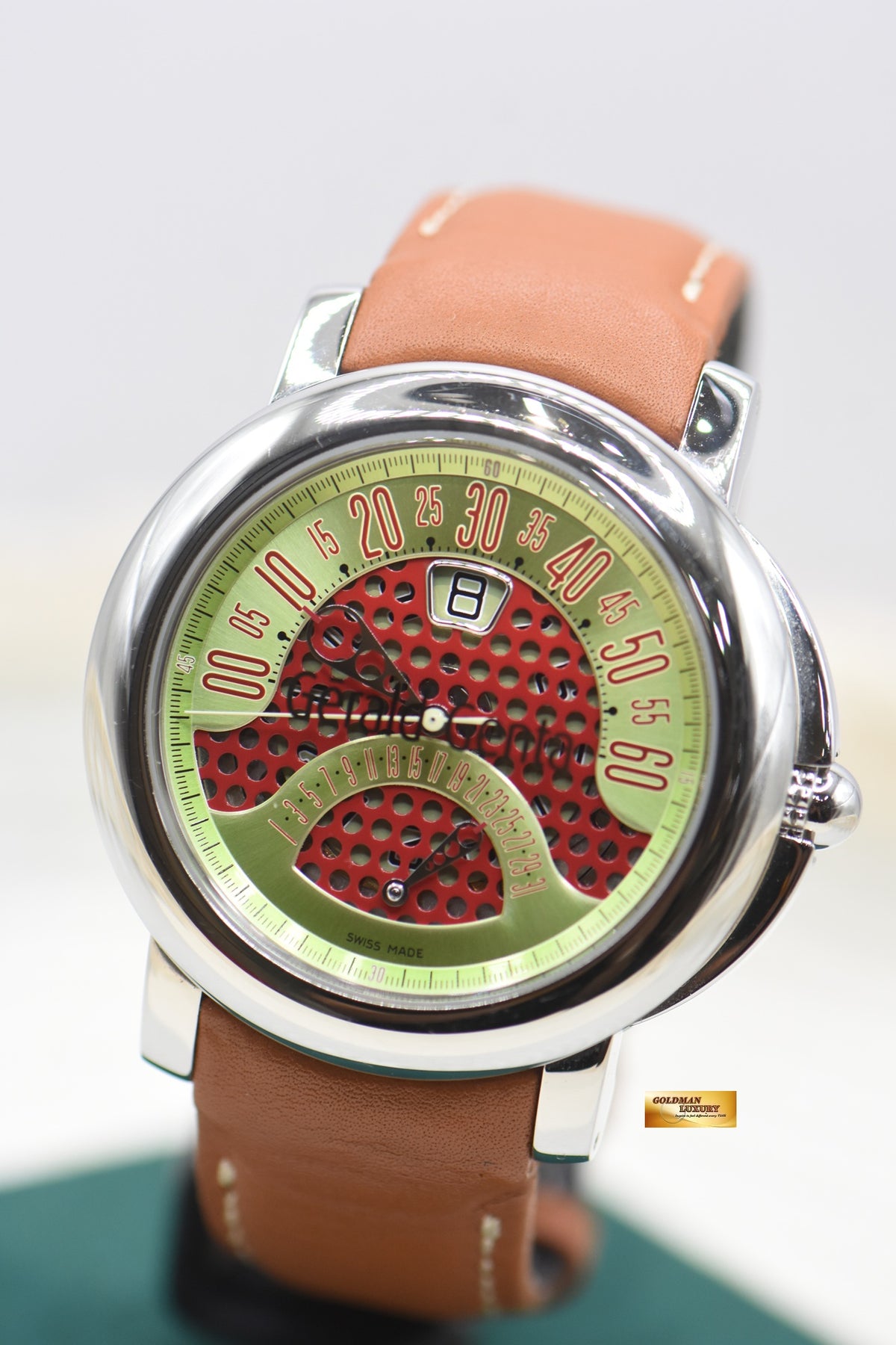 GERALD GENTA ARENA BI-RETRO 45mm STEEL IN LEATHER JUMPING HOUR DATE AUTOMATIC BSP.Y.10 (MINT)