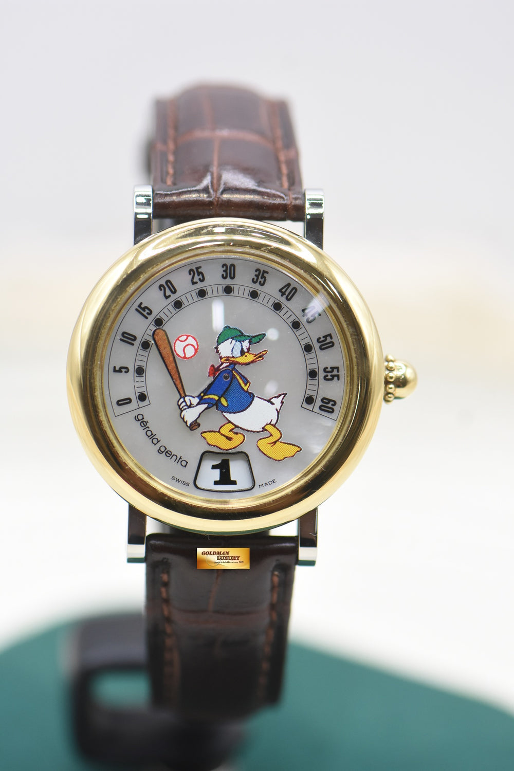 GERALD GENTA RETRO FANTASY DONALD DUCK MOP RETROGRADE BASEBALL JUMPING HOUR 34mm HALF-GOLD AUTOMATIC G3612.7