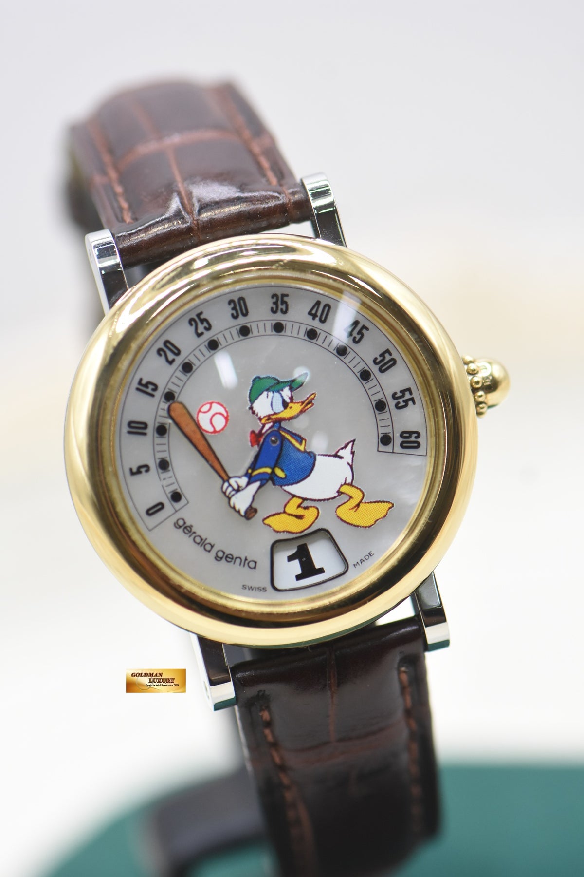 [SOLD] GERALD GENTA RETRO FANTASY DONALD DUCK MOP RETROGRADE BASEBALL JUMPING HOUR 34mm HALF-GOLD AUTOMATIC G3612.7