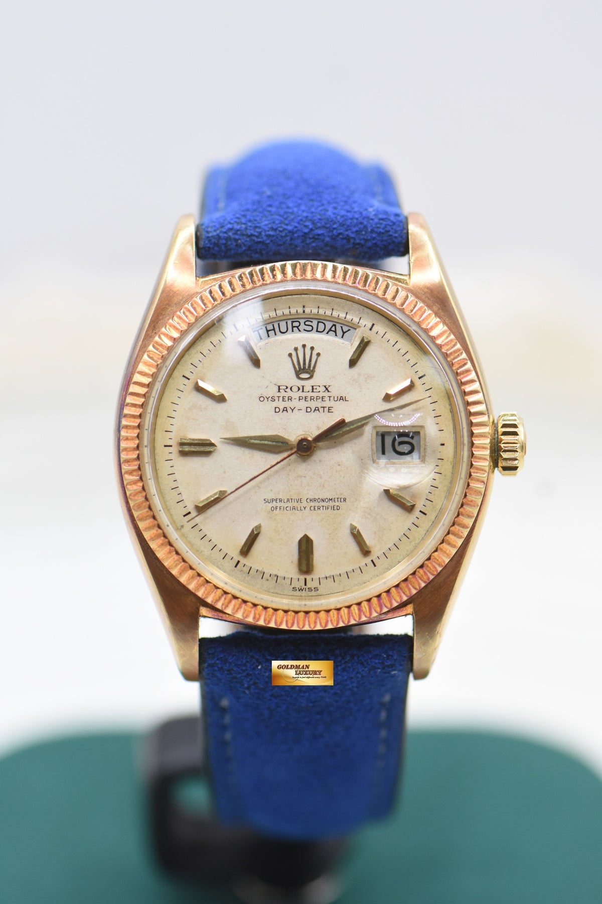 ROLEX OYSTER DAY-DATE 36mm YELLOW GOLD IN LEATHER STRAP AGED DIAL (NON-QUICK-SET DATE) 6611B (VINTAGE)