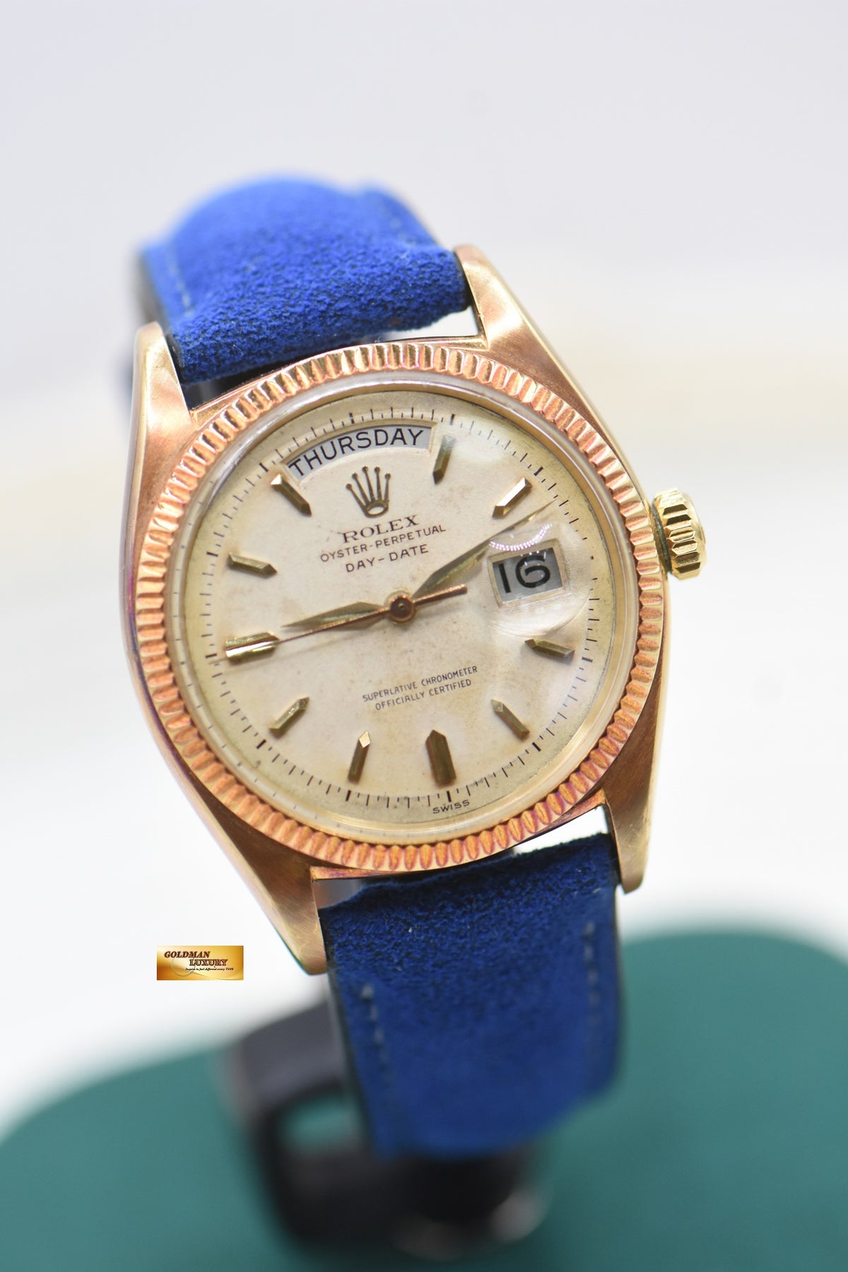 ROLEX OYSTER DAY-DATE 36mm YELLOW GOLD IN LEATHER STRAP AGED DIAL (NON-QUICK-SET DATE) 6611B (VINTAGE)