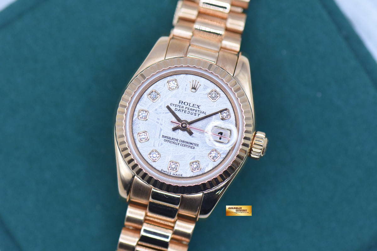 ROLEX OYSTER DATEJUST 26mm LADIES ROSE GOLD PRESIDENT BRACELET METERORITE DIAMOND DIAL 179175 (MINT)