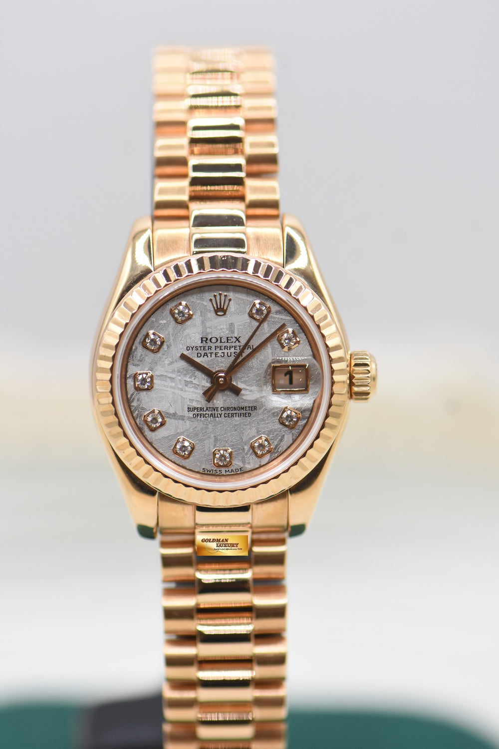 ROLEX OYSTER DATEJUST 26mm LADIES ROSE GOLD PRESIDENT BRACELET METERORITE DIAMOND DIAL 179175 (MINT)