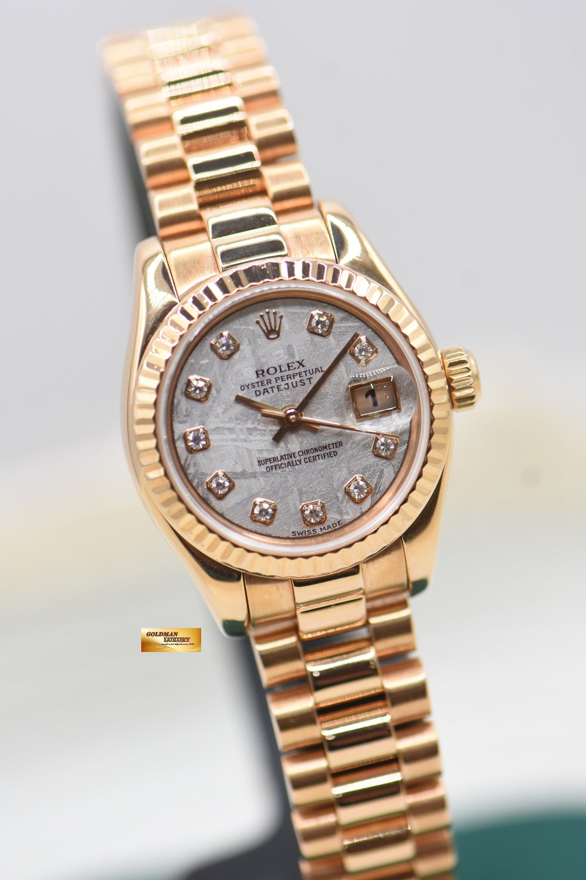 ROLEX OYSTER DATEJUST 26mm LADIES ROSE GOLD PRESIDENT BRACELET METERORITE DIAMOND DIAL 179175 (MINT)