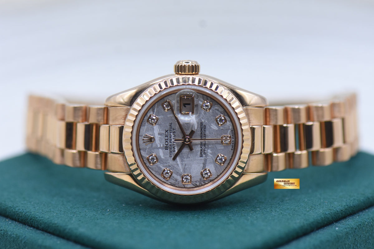 ROLEX OYSTER DATEJUST 26mm LADIES ROSE GOLD PRESIDENT BRACELET METERORITE DIAMOND DIAL 179175 (MINT)
