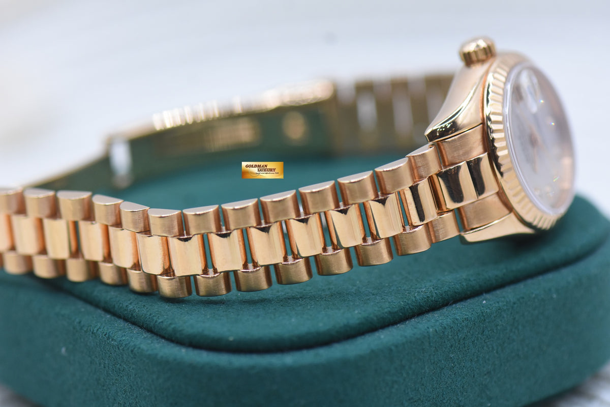ROLEX OYSTER DATEJUST 26mm LADIES ROSE GOLD PRESIDENT BRACELET METERORITE DIAMOND DIAL 179175 (MINT)