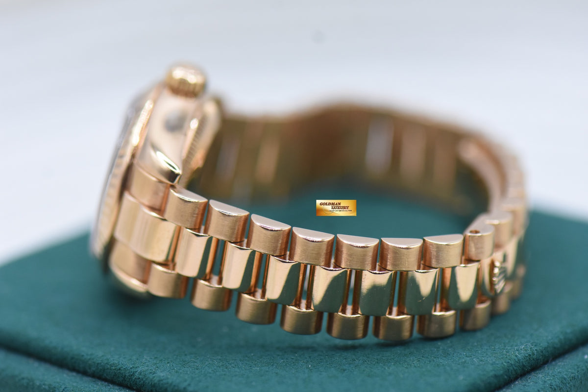 ROLEX OYSTER DATEJUST 26mm LADIES ROSE GOLD PRESIDENT BRACELET METERORITE DIAMOND DIAL 179175 (MINT)