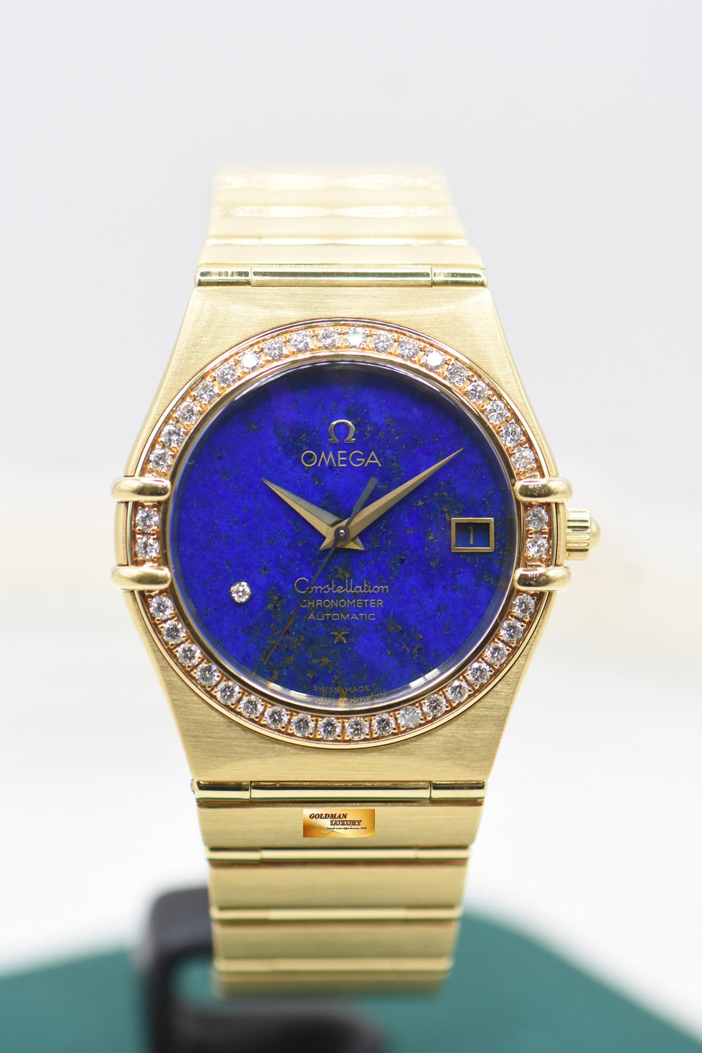 OMEGA CONSTELLATION MANHATTAN YELLOW GOLD BRACELET LAPIS LAZULI DIAMOND DIAL  (MINT)
