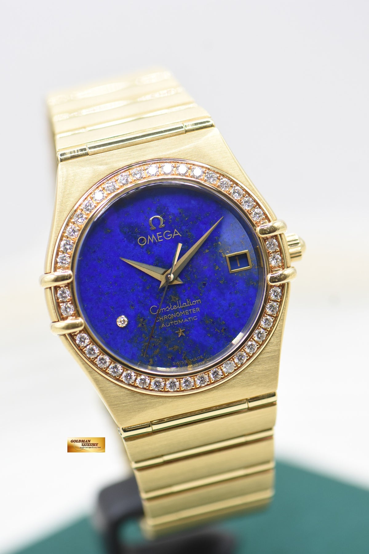 OMEGA CONSTELLATION MANHATTAN YELLOW GOLD BRACELET LAPIS LAZULI DIAMOND DIAL  (MINT)