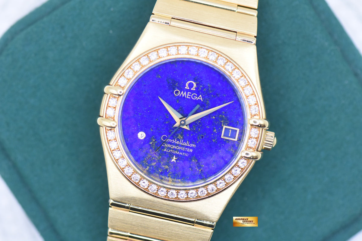 OMEGA CONSTELLATION MANHATTAN YELLOW GOLD BRACELET LAPIS LAZULI DIAMOND DIAL  (MINT)