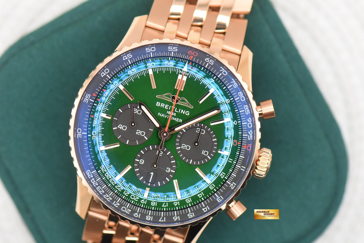 BREITLING NAVITIMER B01 CHRONOGRAPH 46mm GREEN DIAL RED GOLD IN BRACELET RB0137 (NEW-UNWORN)