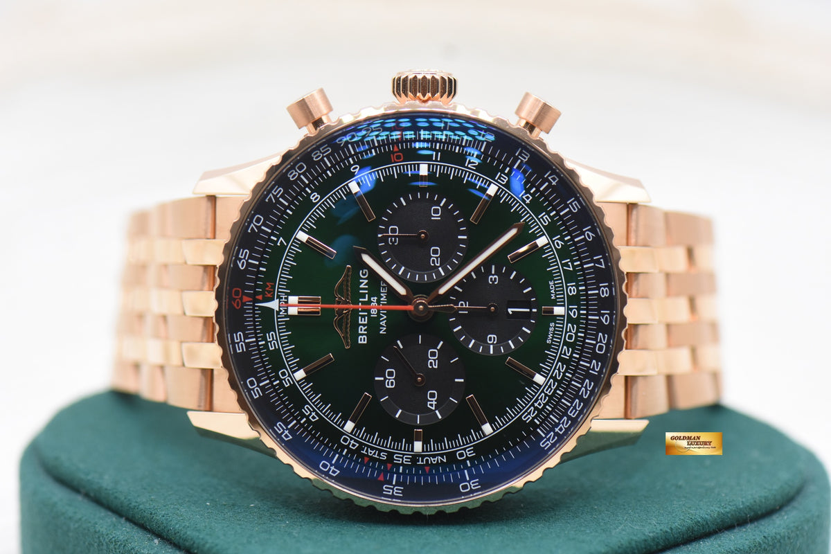 BREITLING NAVITIMER B01 CHRONOGRAPH 46mm GREEN DIAL RED GOLD IN BRACELET RB0137 (NEW-UNWORN)