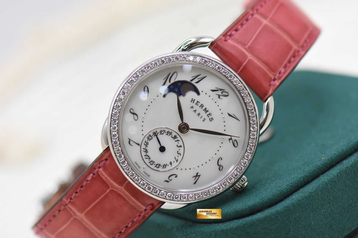 HERMES ARCEAU PETITE LUNE 38mm MOP MOONPHASE DIAL DIAMOND BEZEL STEEL AUTOMATIC AR7.530 (MINT)