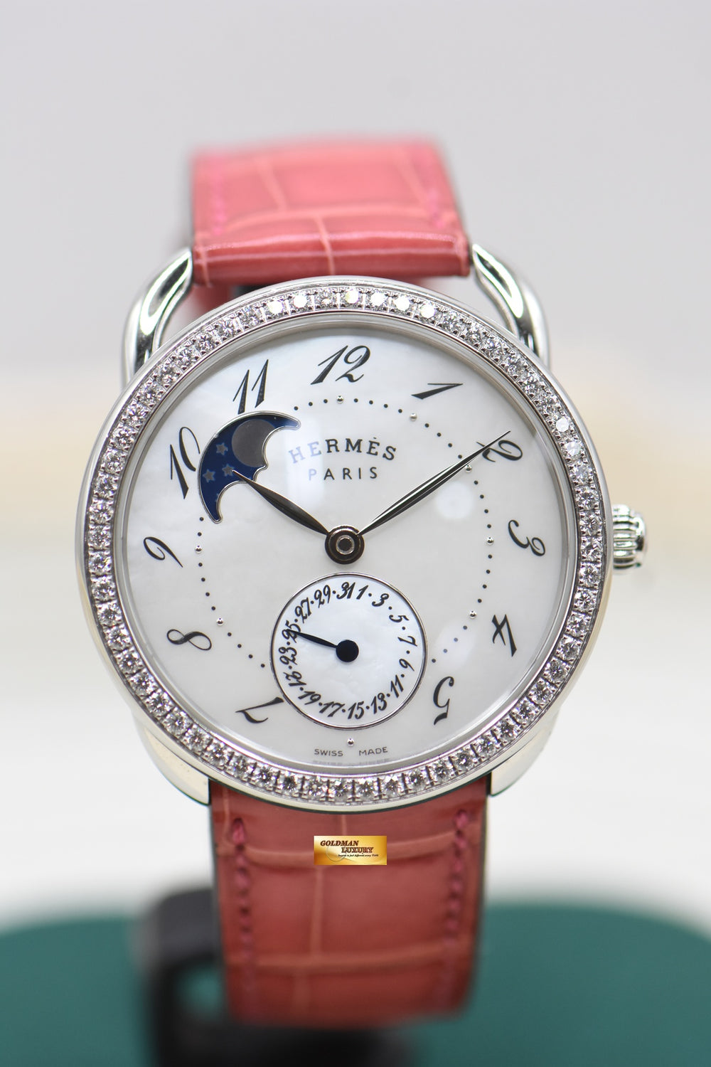 HERMES ARCEAU PETITE LUNE 38mm MOP MOONPHASE DIAL DIAMOND BEZEL STEEL AUTOMATIC AR7.530 (MINT)