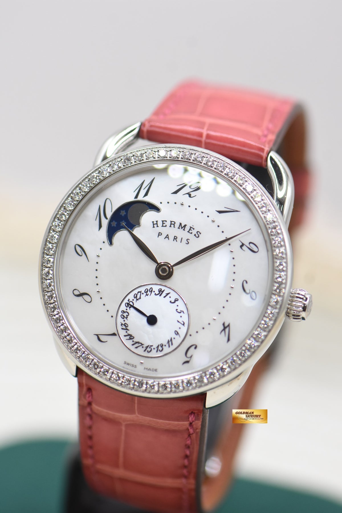 HERMES ARCEAU PETITE LUNE 38mm MOP MOONPHASE DIAL DIAMOND BEZEL STEEL AUTOMATIC AR7.530 (MINT)