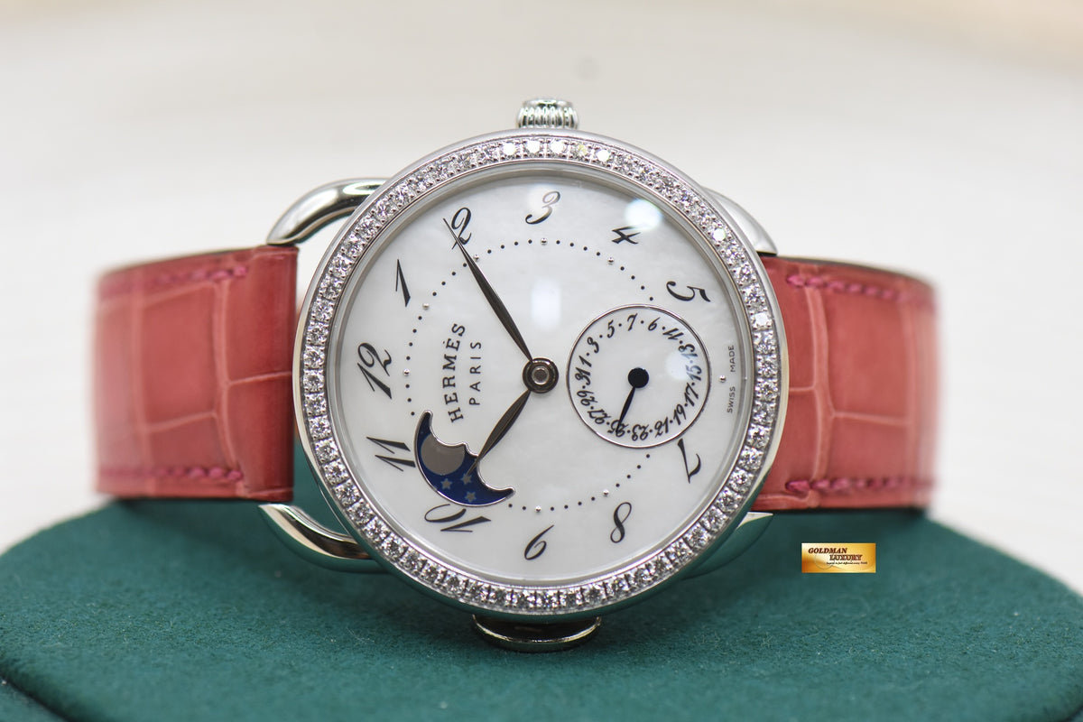 HERMES ARCEAU PETITE LUNE 38mm MOP MOONPHASE DIAL DIAMOND BEZEL STEEL AUTOMATIC AR7.530 (MINT)