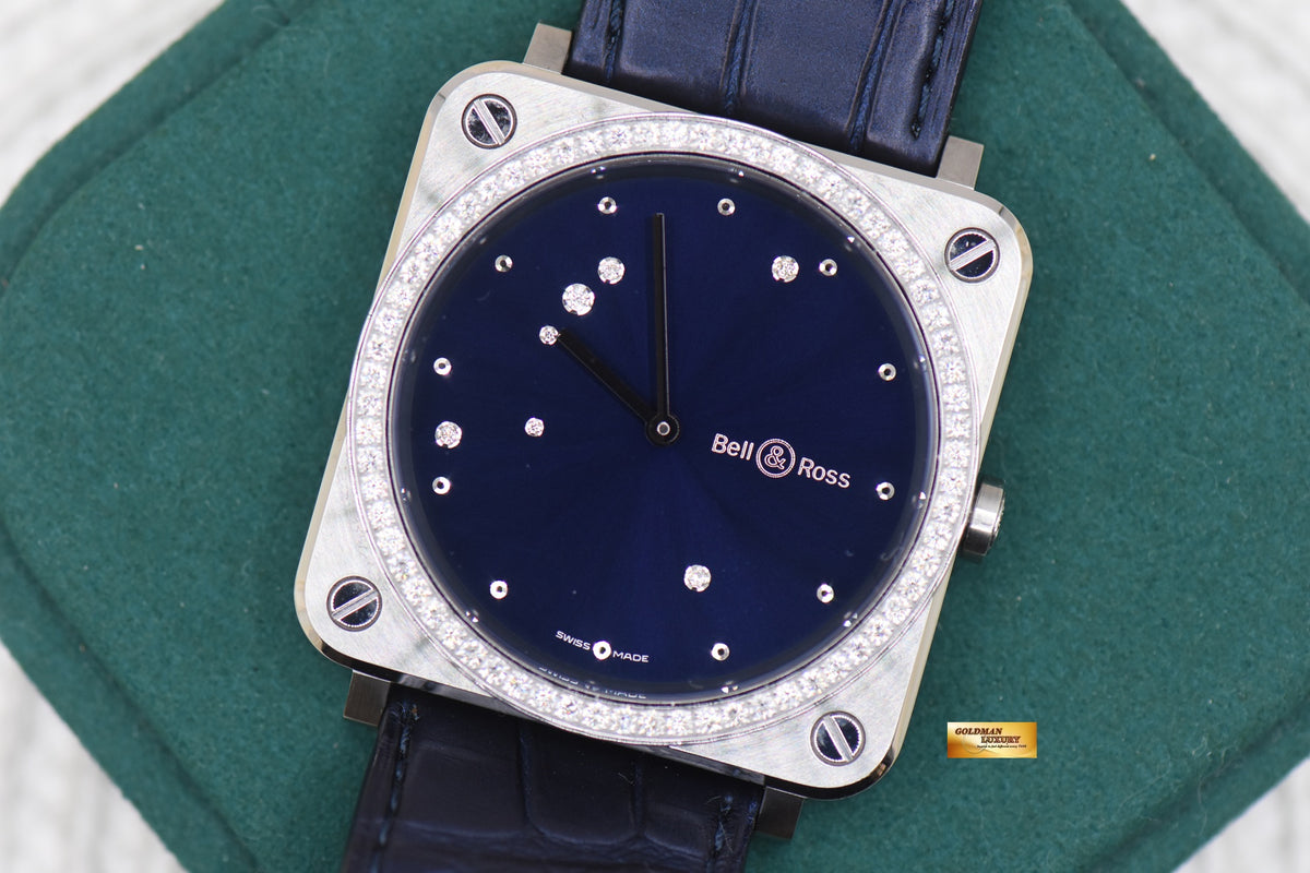 BELL & ROSS AVIATION LADIES 39mm STEEL BLUE EAGLE DIAMONDS QUARTZ BRS-EA-ST-LGD/SCR (MINT)
