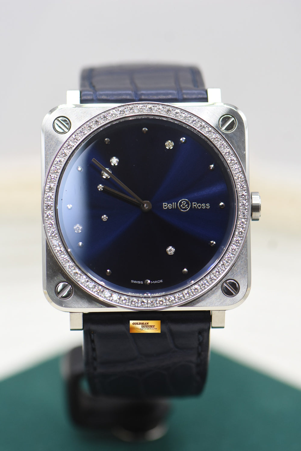 BELL & ROSS AVIATION LADIES 39mm STEEL BLUE EAGLE DIAMONDS QUARTZ BRS-EA-ST-LGD/SCR (MINT)
