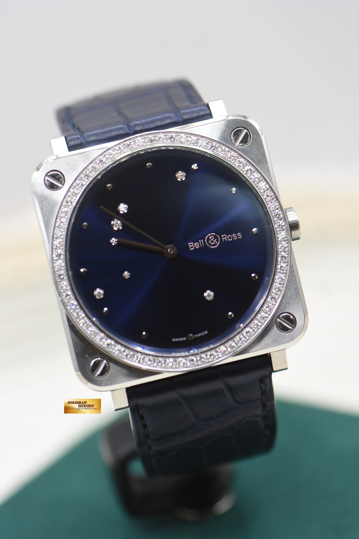 BELL & ROSS AVIATION LADIES 39mm STEEL BLUE EAGLE DIAMONDS QUARTZ BRS-EA-ST-LGD/SCR (MINT)