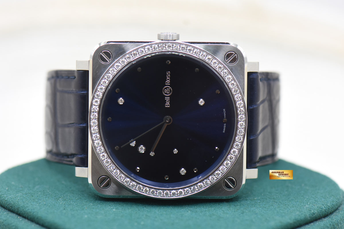 BELL & ROSS AVIATION LADIES 39mm STEEL BLUE EAGLE DIAMONDS QUARTZ BRS-EA-ST-LGD/SCR (MINT)