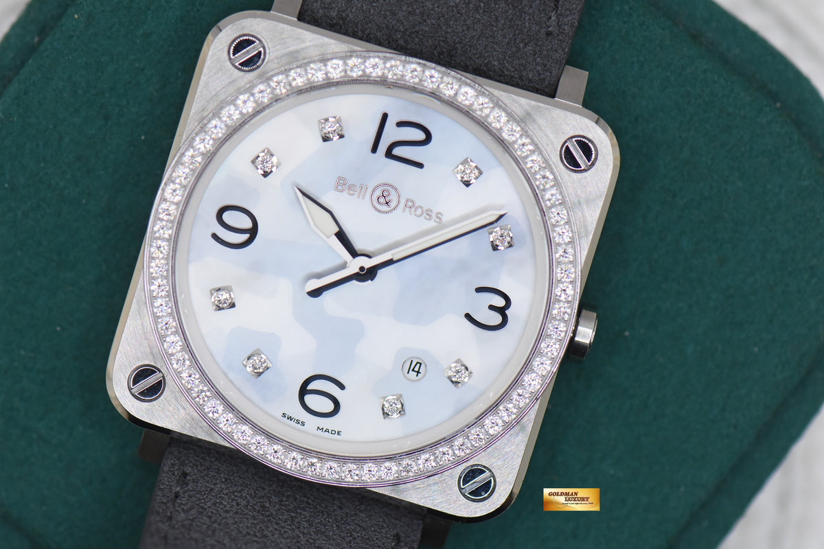 BELL & ROSS AVIATION LADIES 39mm STEEL MOP GREY CAMOUFLAGE DIAMONDS QUARTZ BRS-CAMO-ST-LGD (MINT)