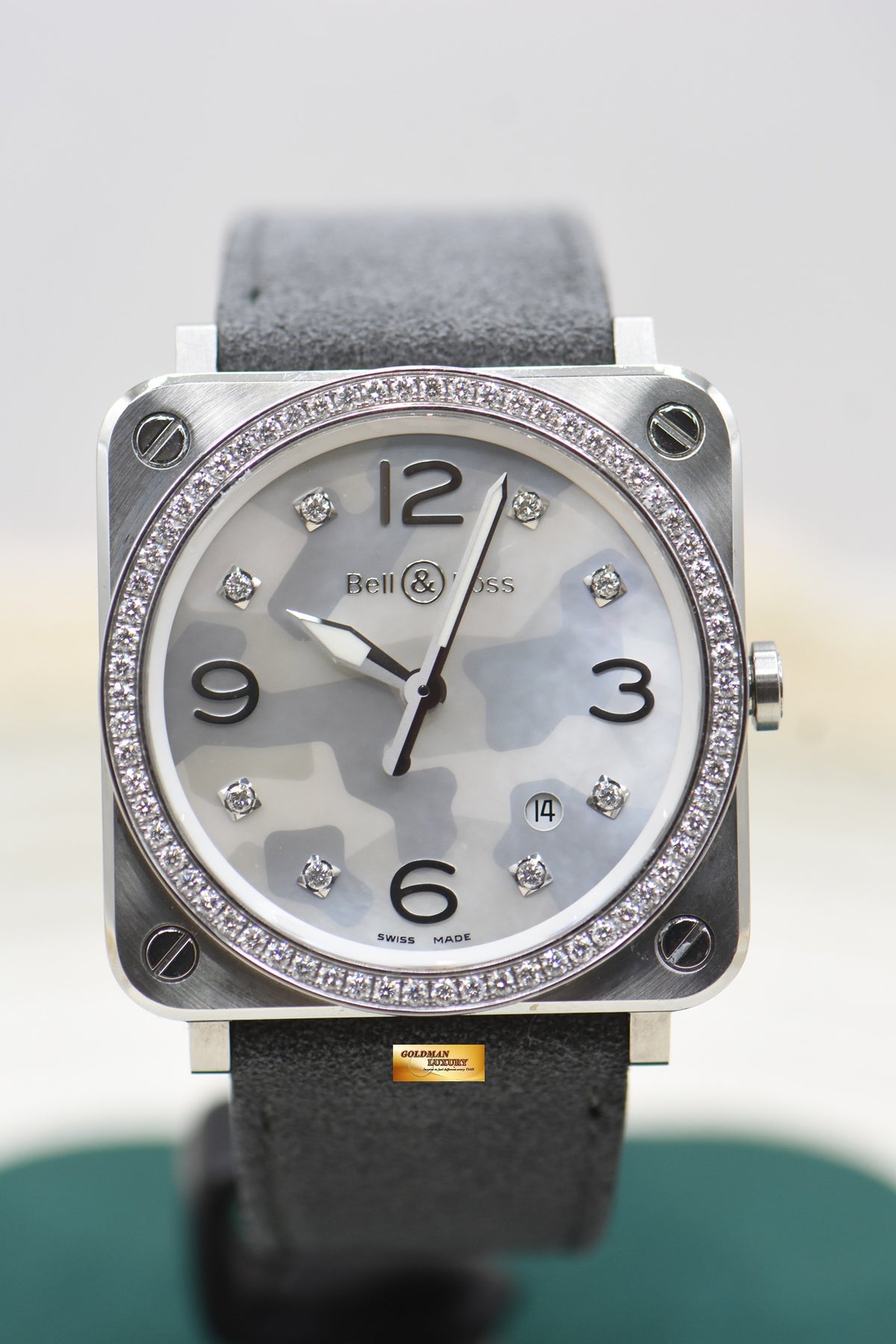 BELL & ROSS AVIATION LADIES 39mm STEEL MOP GREY CAMOUFLAGE DIAMONDS QUARTZ BRS-CAMO-ST-LGD (MINT)