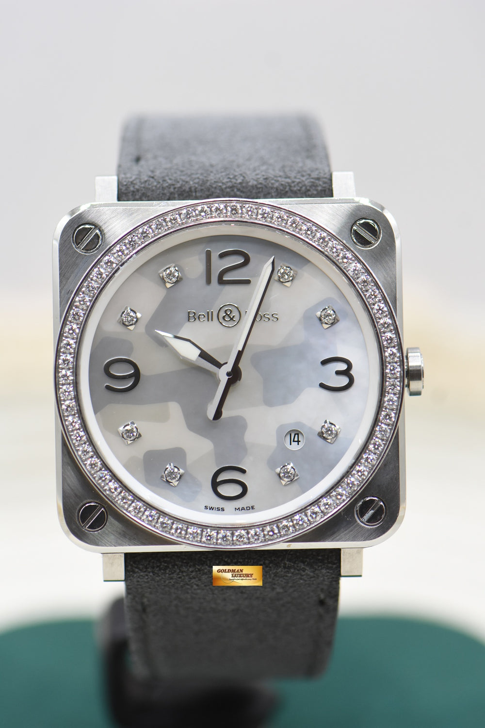 BELL & ROSS AVIATION LADIES 39mm STEEL MOP GREY CAMOUFLAGE DIAMONDS QUARTZ BRS-CAMO-ST-LGD (MINT)