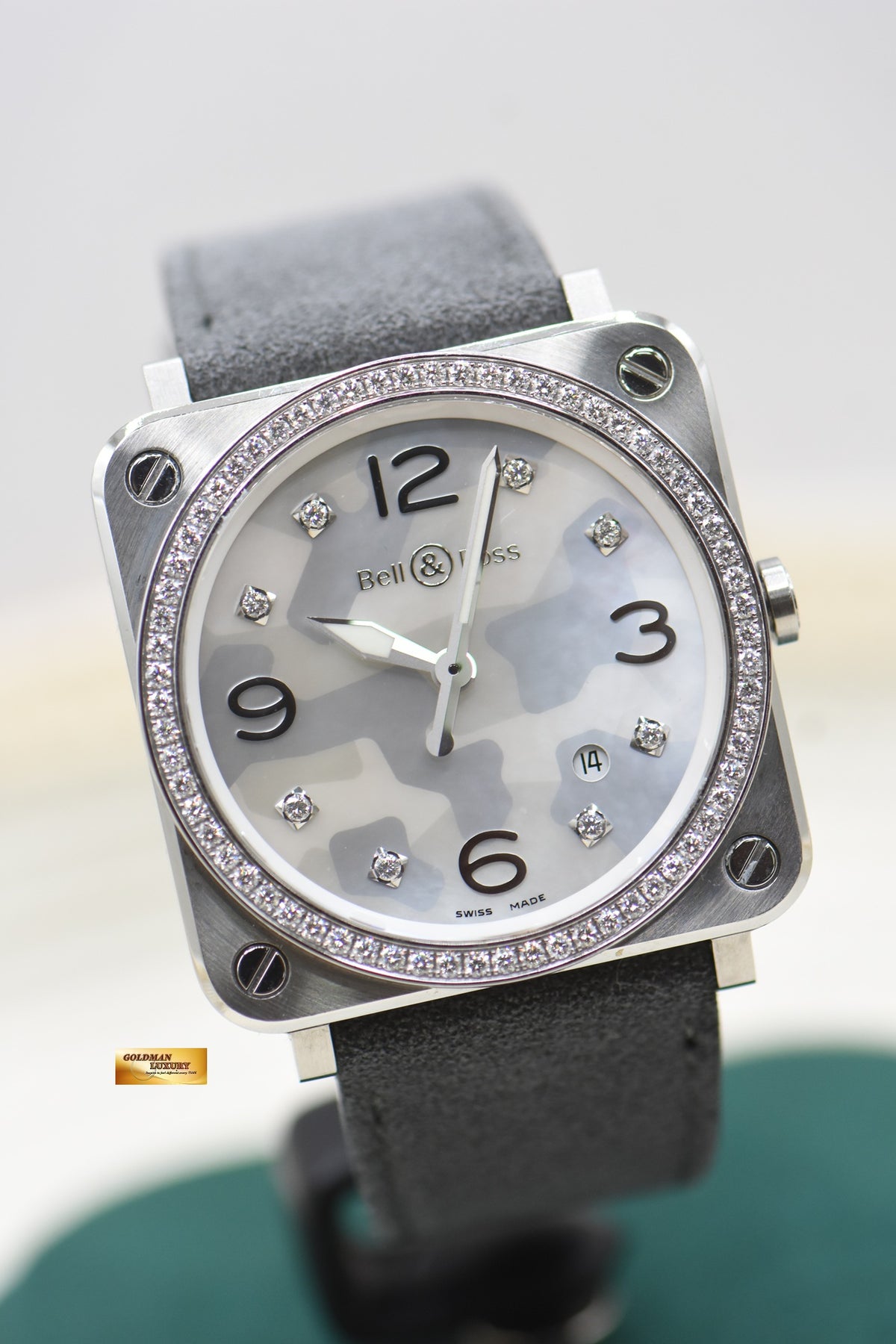 BELL & ROSS AVIATION LADIES 39mm STEEL MOP GREY CAMOUFLAGE DIAMONDS QUARTZ BRS-CAMO-ST-LGD (MINT)