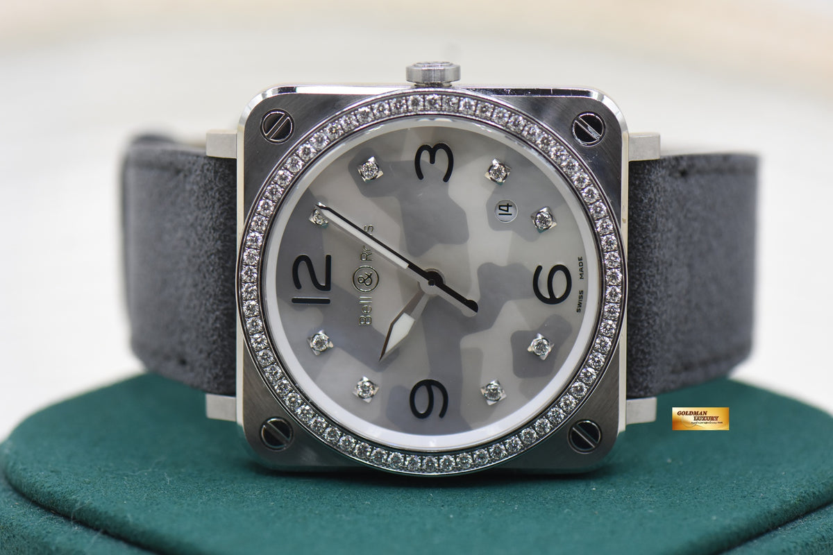 BELL & ROSS AVIATION LADIES 39mm STEEL MOP GREY CAMOUFLAGE DIAMONDS QUARTZ BRS-CAMO-ST-LGD (MINT)