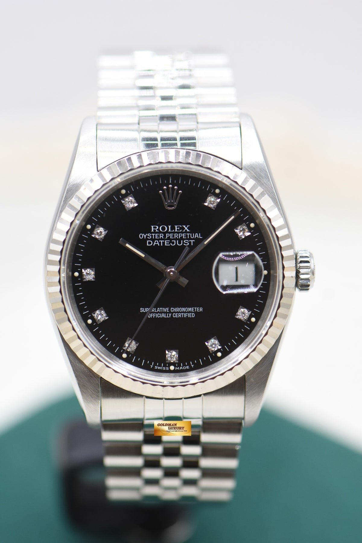 ROLEX OYSTER DATEJUST 36mm STEEL IN JUBILEE BRACELET BLACK DIAMONDS DIAL 16234 (MINT)