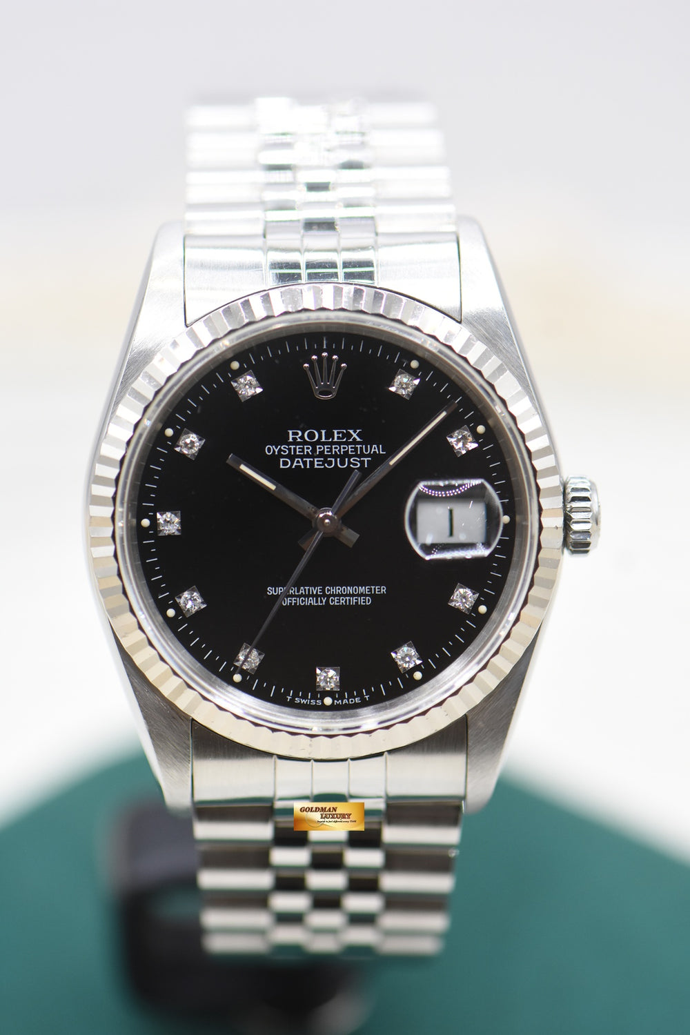 ROLEX OYSTER DATEJUST 36mm STEEL IN JUBILEE BRACELET BLACK DIAMONDS DIAL 16234 (MINT)