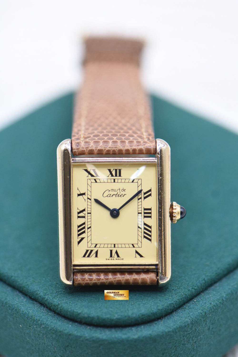 MUST De CARTIER TANK VERMEIL LM 925 ARGENT GOLD-PLATED IN LEATHER STRAP MANUAL 590005 (MINT)