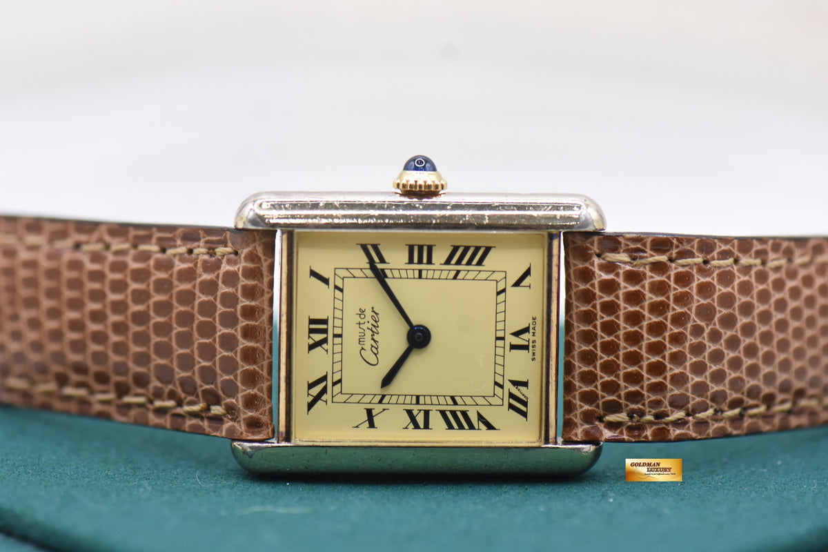 MUST De CARTIER TANK VERMEIL LM 925 ARGENT GOLD-PLATED IN LEATHER STRAP MANUAL 590005 (MINT)