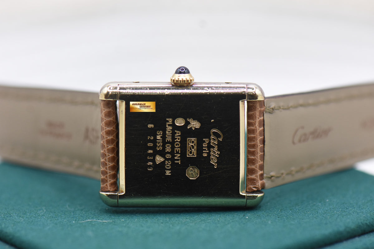 MUST De CARTIER TANK VERMEIL LM 925 ARGENT GOLD-PLATED IN LEATHER STRAP MANUAL 590005 (MINT)