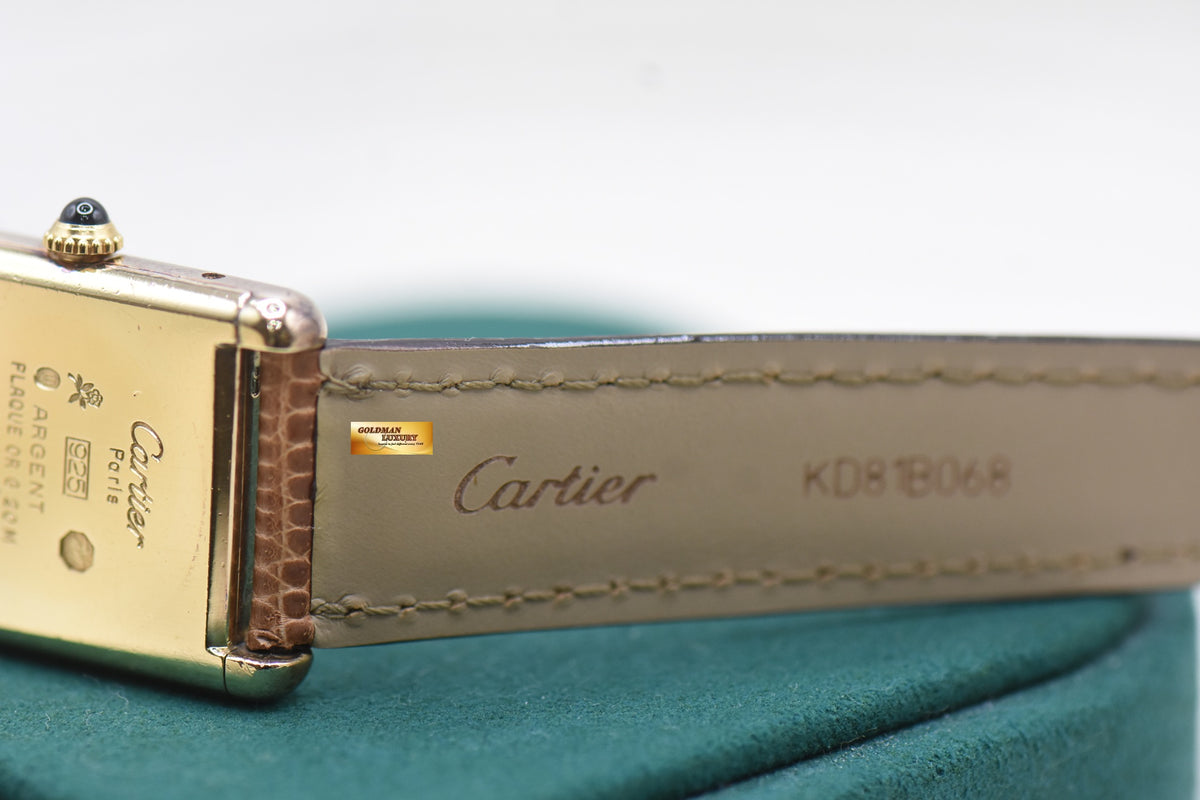 MUST De CARTIER TANK VERMEIL LM 925 ARGENT GOLD-PLATED IN LEATHER STRAP MANUAL 590005 (MINT)