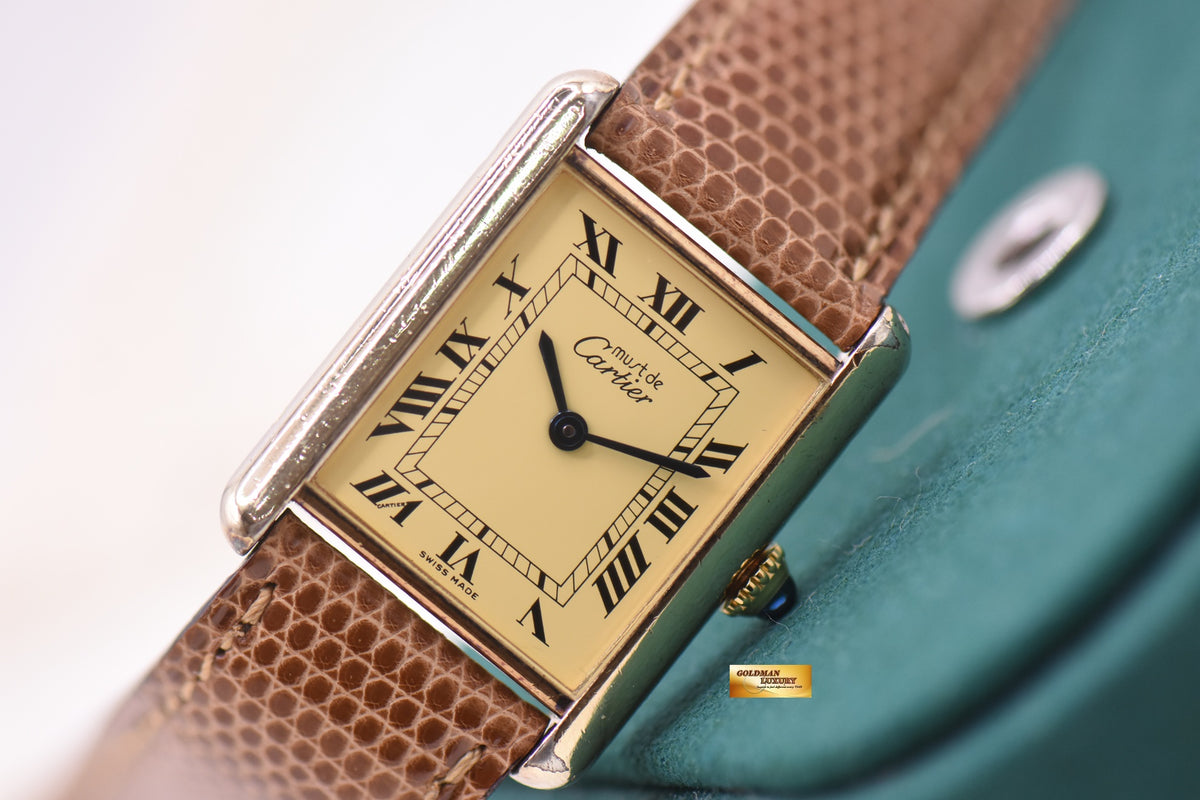 MUST De CARTIER TANK VERMEIL LM 925 ARGENT GOLD-PLATED IN LEATHER STRAP MANUAL 590005 (MINT)