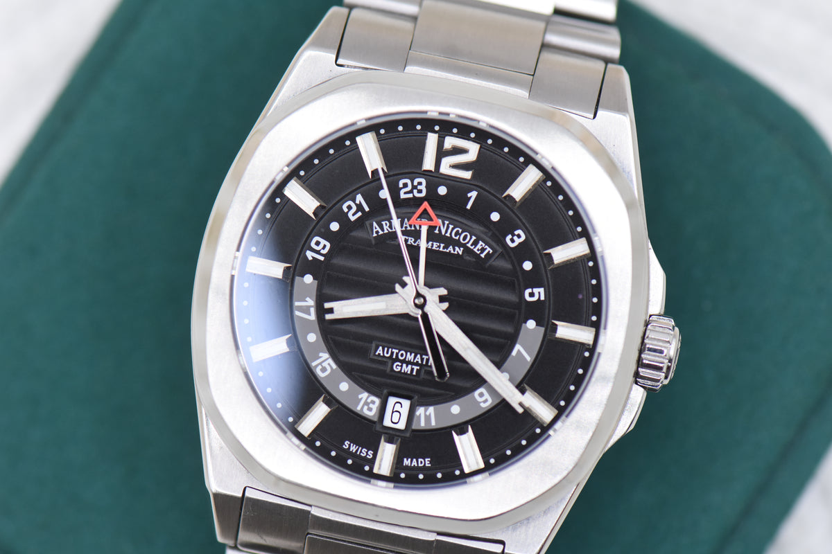ARMAND NICOLET GMT DATE 41mm STEEL IN BRACELET AUTOMATIC A663AAA (LNIB)