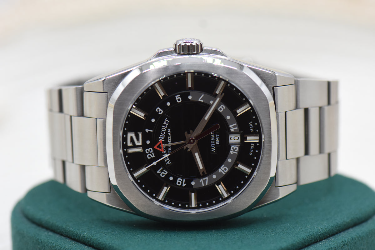 ARMAND NICOLET GMT DATE 41mm STEEL IN BRACELET AUTOMATIC A663AAA (LNIB)