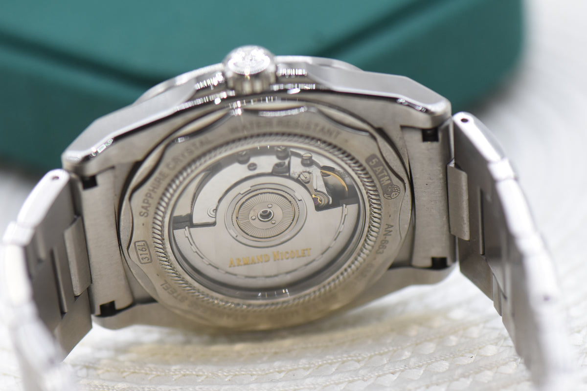 ARMAND NICOLET GMT DATE 41mm STEEL IN BRACELET AUTOMATIC A663AAA (LNIB)