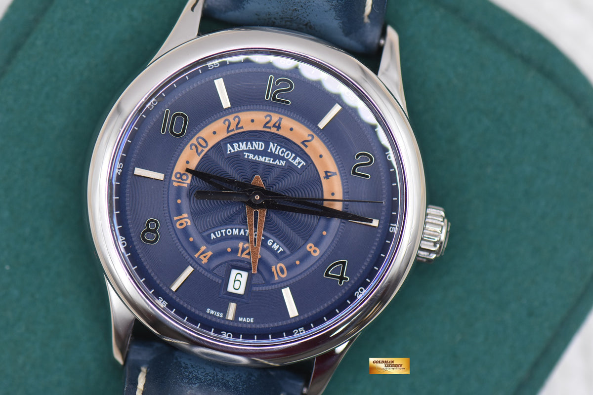 ARMAND NICOLET GMT DATE 42mm STEEL IN STRAP BLUE AUTOMATIC A846AAA (LNIB)