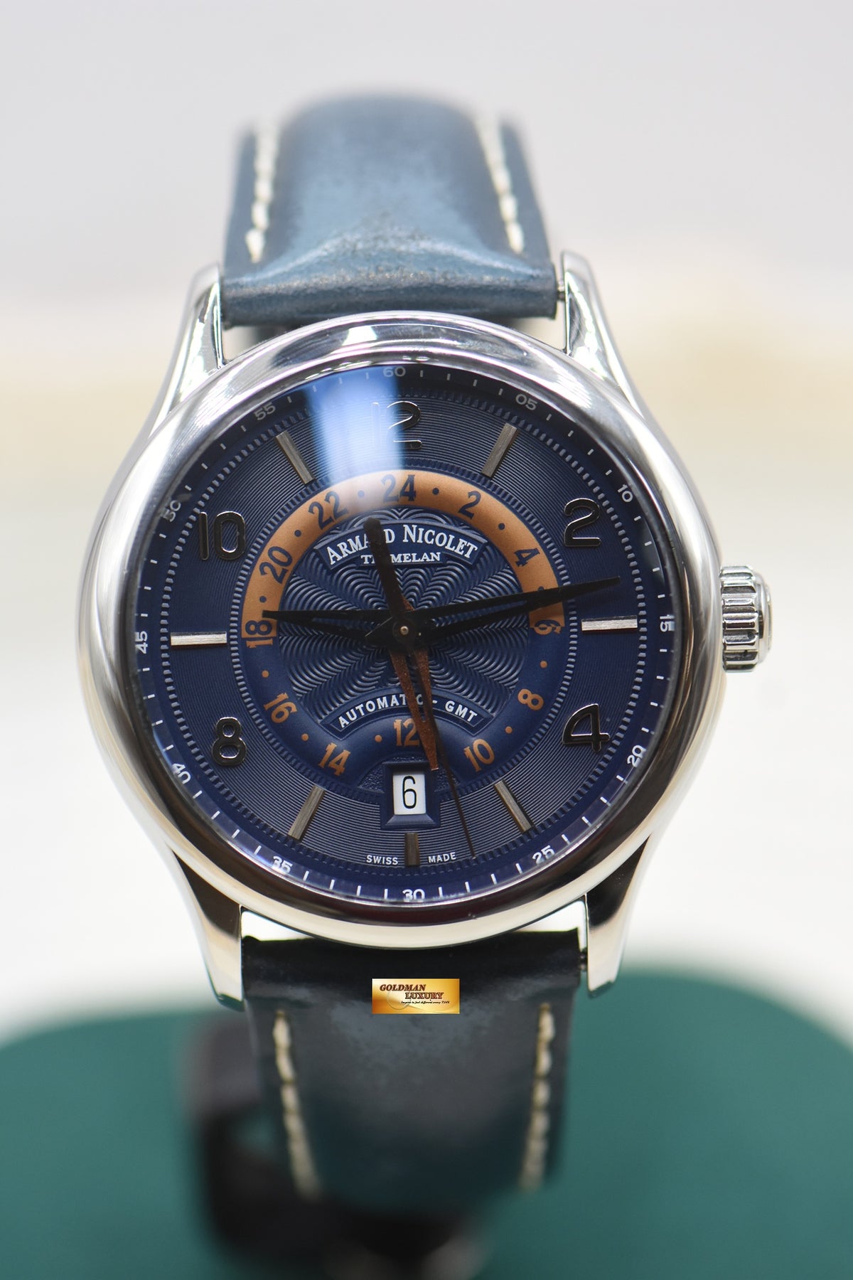 ARMAND NICOLET GMT DATE 42mm STEEL IN STRAP BLUE AUTOMATIC A846AAA (LNIB)